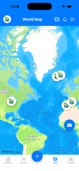 Trip Plan world map with pins on saved destinations