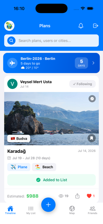 The Trip Plan timeline, showing plans shared by people you follow